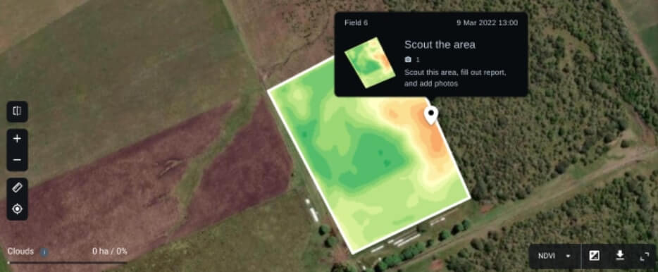 active scout task for low NDVI zone inspection