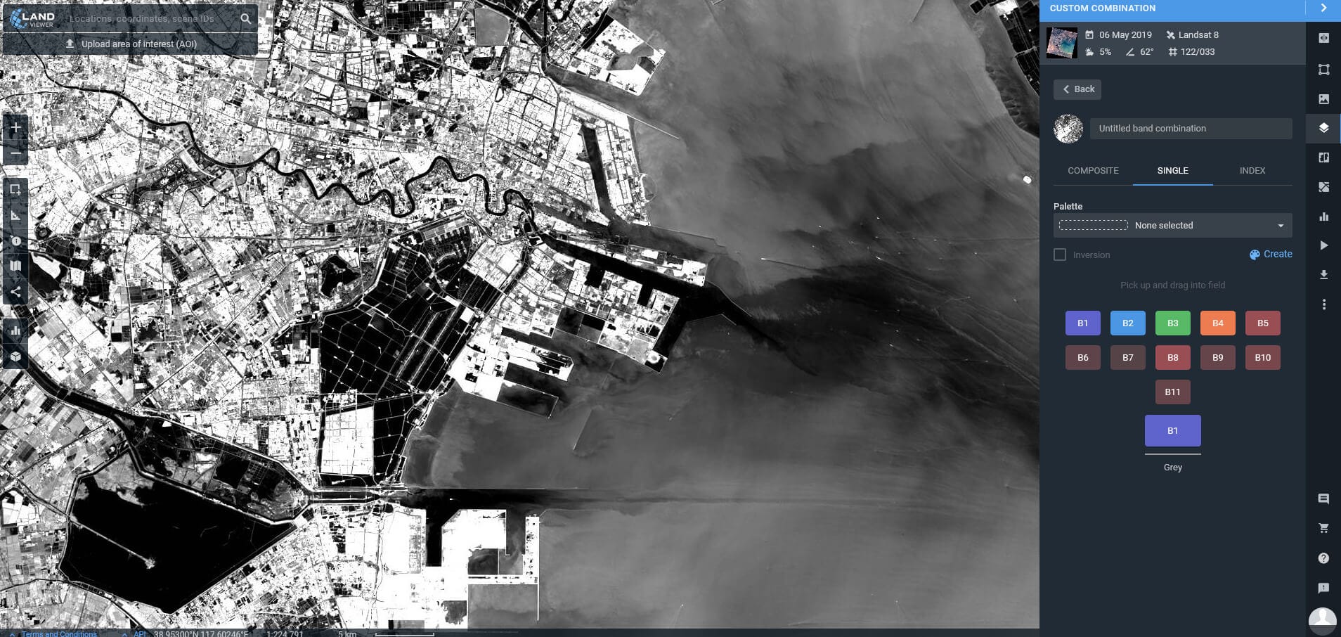 imagem do porto tirada na faixa de Landsat 1 em Tianjin, China