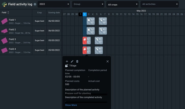 field activity log on EOS Crop Monitoring
