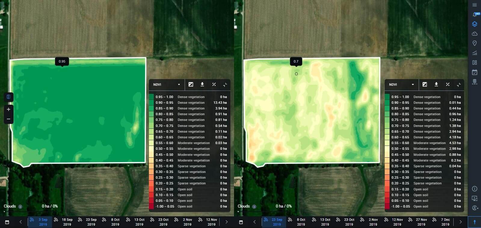 Split view of NDVI map for different dates on EOS Crop Monitoring