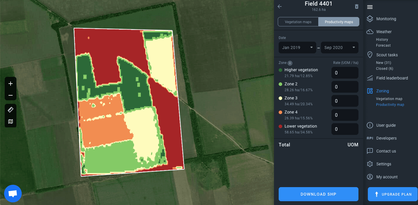 карта продуктивности в EOS Crop Monitoring