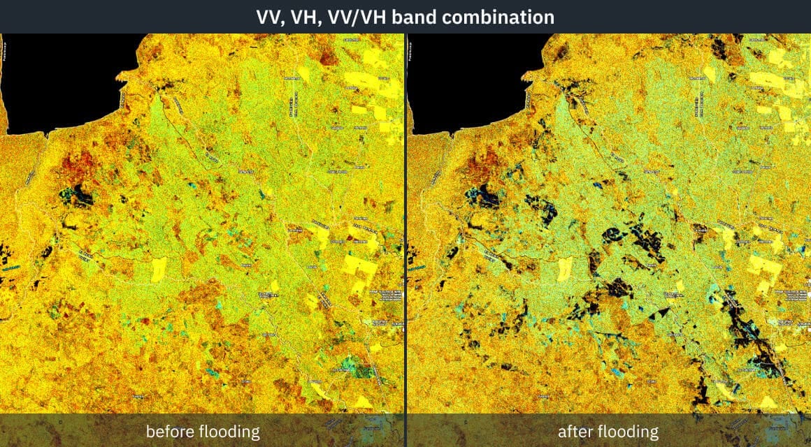 satellite imagery of flooding in Colombia: before and after