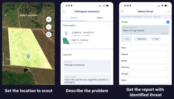 step-by-step instruction of placing scouting task on EOS Crop Monitoring mobile app