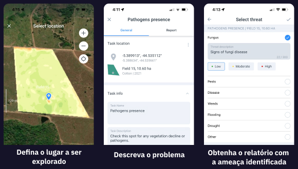 instruções passo-a-passo de colocação de uma tarefa de exploração no aplicativo móvel de EOS Crop Monitoring