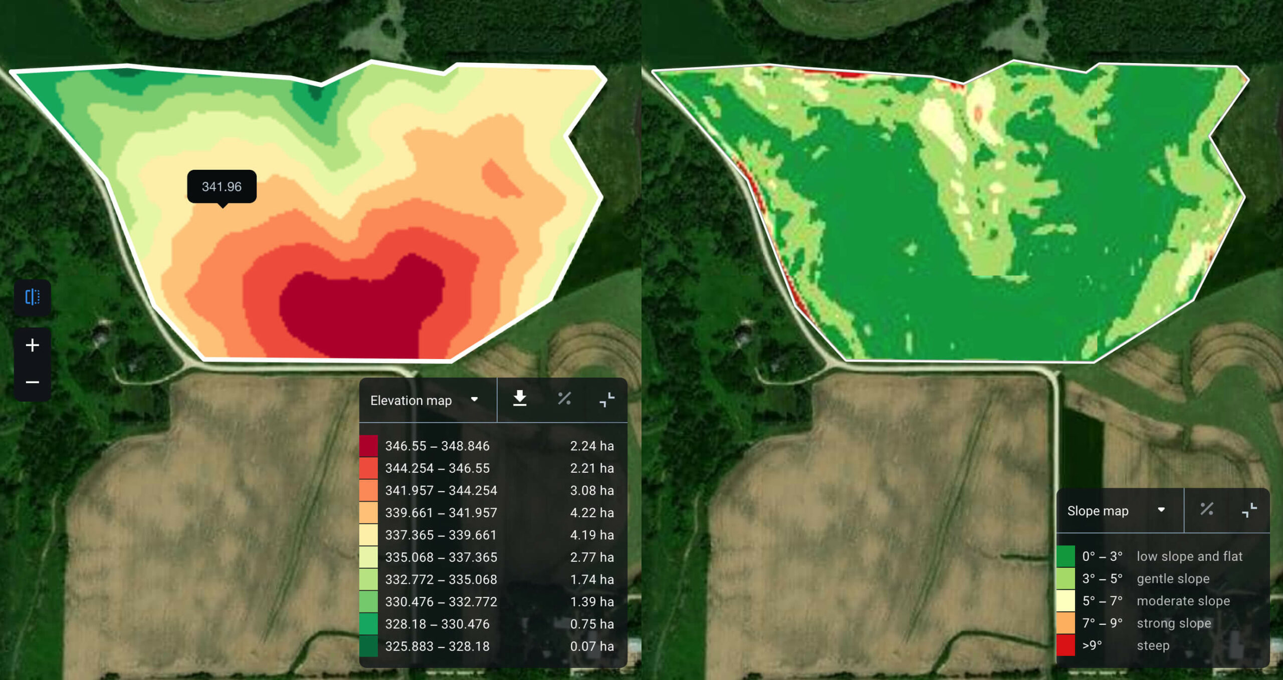 elevation and slope map of a field