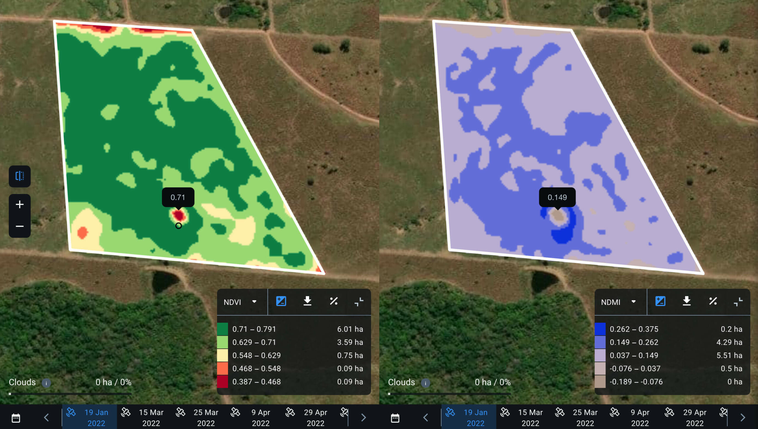 split view NDVI-NDMI maps of a cotton field on EOS Crop Monitoring