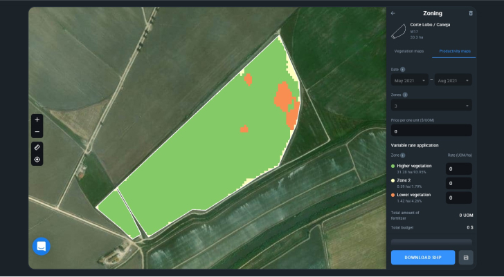 productivity map on EOS Crop Monitoring